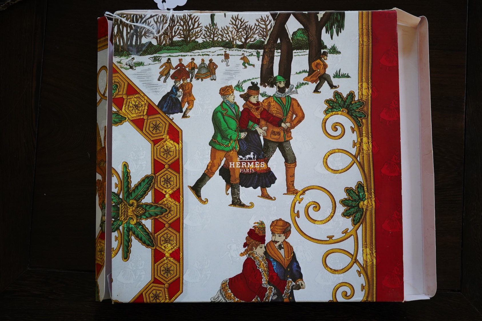 A Hermes navy Cliquetis silk scarf by Julia Abadie with box and Christmas outer box. 90 x 90cm